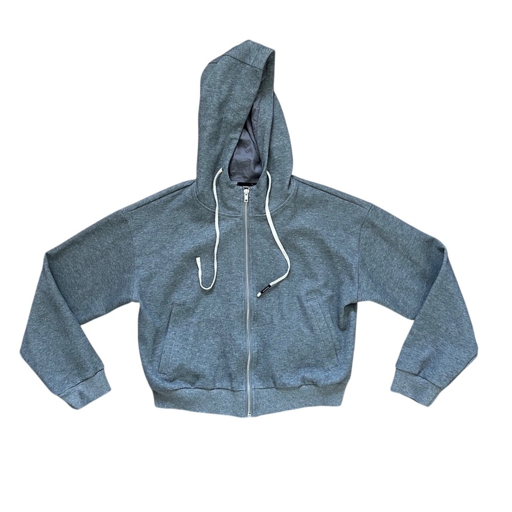 Monrow Grey Zip Up cotton Cropped Hoodie Boxy Fleece Sweatshirt M minimalist